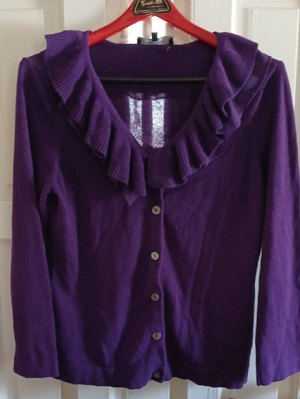Jones Wear Purple Knit Cardigan with Ruffled Trim